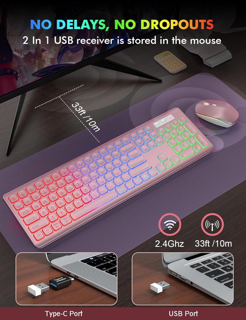 Trueque Wireless Keyboard and Mouse Combo, RGB Backlit, Rechargeable & Light Up Letters, Full-Size, Soft Typing, Sleep Mode, 2.4GHz Quiet Keyboard Set for Mac, Windows, Laptop, PC, (Rose Pink) - Image 5